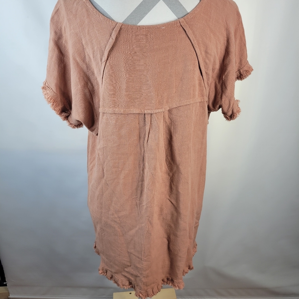 NWT Umgee USA Linen Cotton Blend Short Sleeve Fringed Salmon Pink Size Medium - Picture 3 of 9